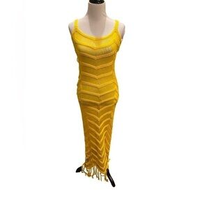 Love Sense Crocheted Yellow Long Dress Beach Cover Up with Fringe Size S